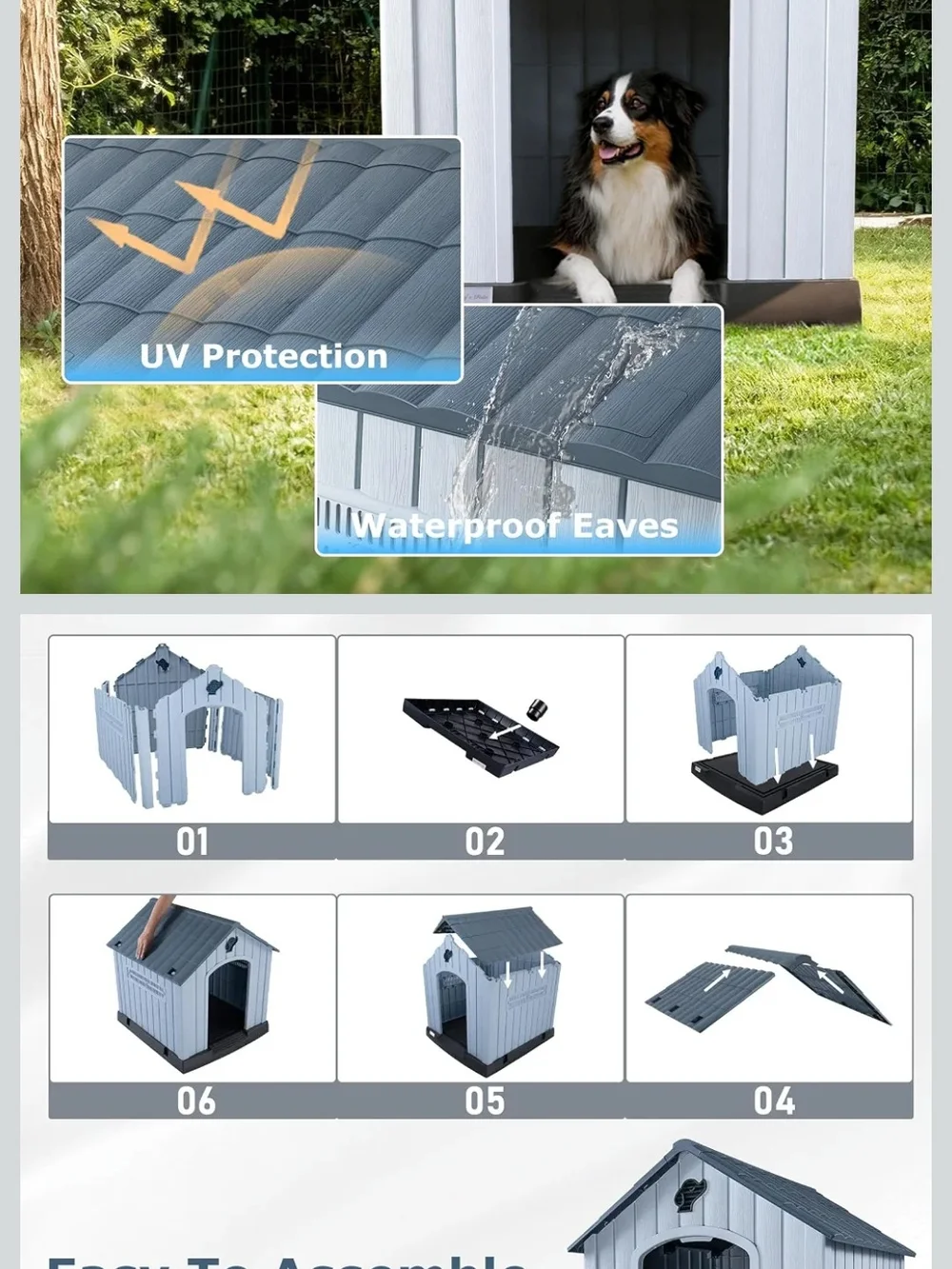 Durable Gray Waterproof Dog House with Elevated Floor